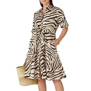 Ralph Lauren Fit Flare Linen Safari Animal Zebra Print Dress Midi Tie Women 10 L